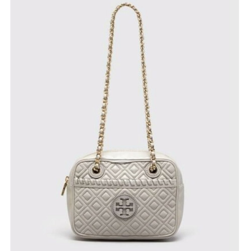 BNWT Tory Burch Marion Fleming Quilted Leather Camera Bag Mercury GREY AUTHENTIC